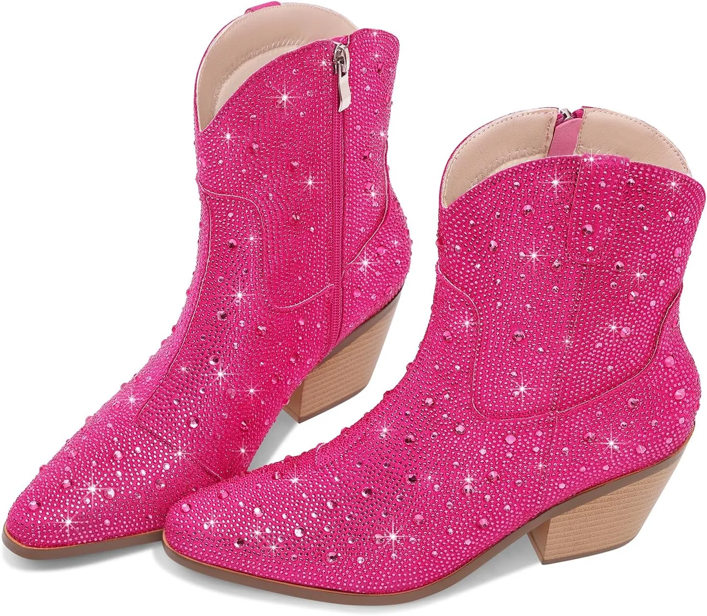 Women Cowboy Boots Cowgirl Rhinestone Mid Calf Western Boots Sparkly Glitter Boots Bling Pointed Toe Chunky Heel Pull On