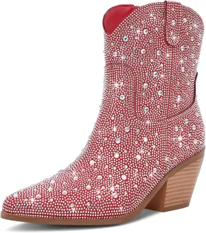 Women Cowboy Boots Cowgirl Rhinestone Mid Calf Western Boots Sparkly Glitter Boots Bling Pointed Toe Chunky Heel Pull On