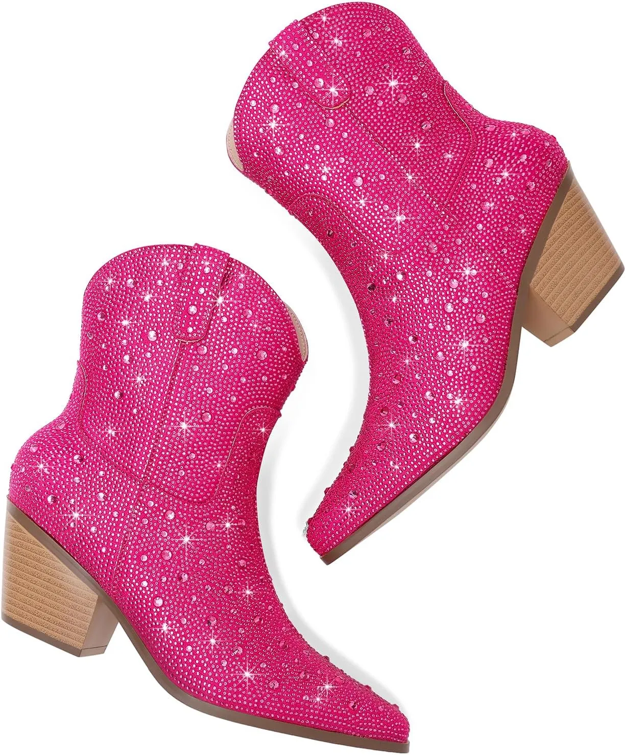 Women Cowboy Boots Cowgirl Rhinestone Mid Calf Western Boots Sparkly Glitter Boots Bling Pointed Toe Chunky Heel Pull On