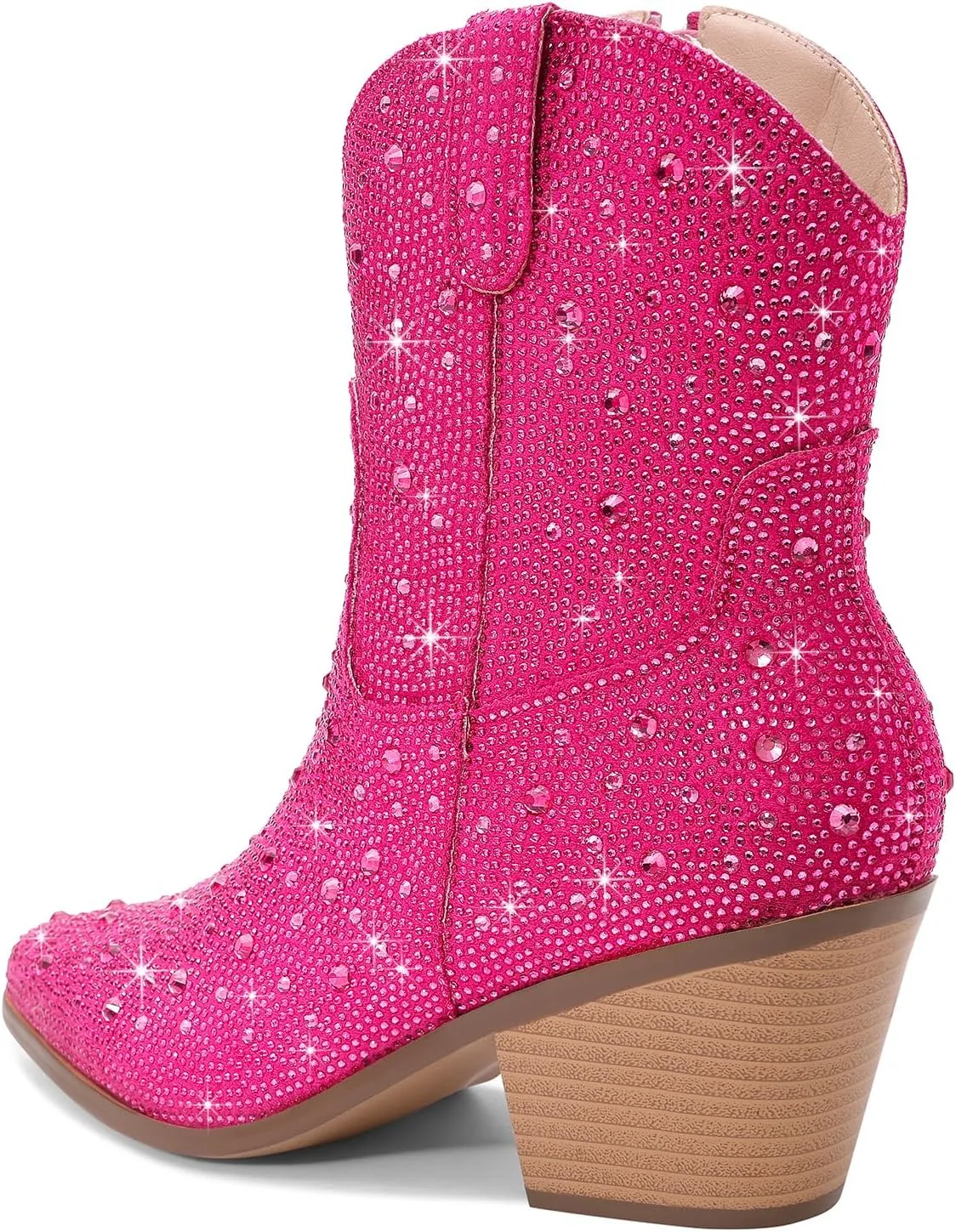 Women Cowboy Boots Cowgirl Rhinestone Mid Calf Western Boots Sparkly Glitter Boots Bling Pointed Toe Chunky Heel Pull On