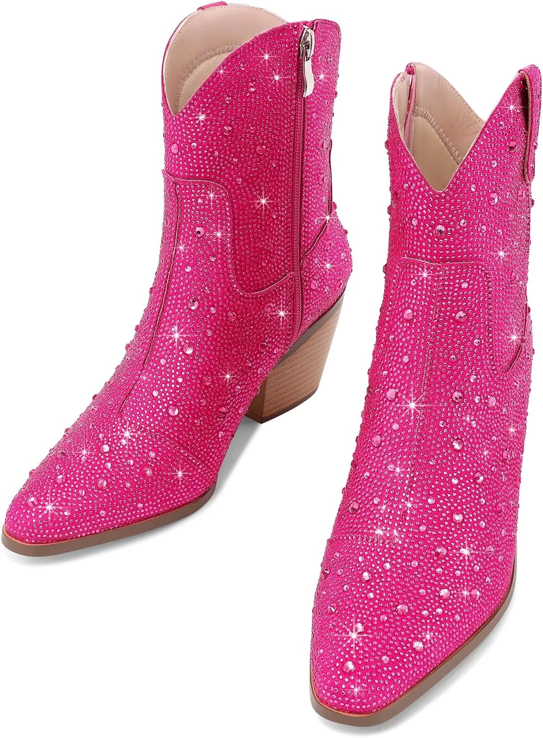 Women Cowboy Boots Cowgirl Rhinestone Mid Calf Western Boots Sparkly Glitter Boots Bling Pointed Toe Chunky Heel Pull On