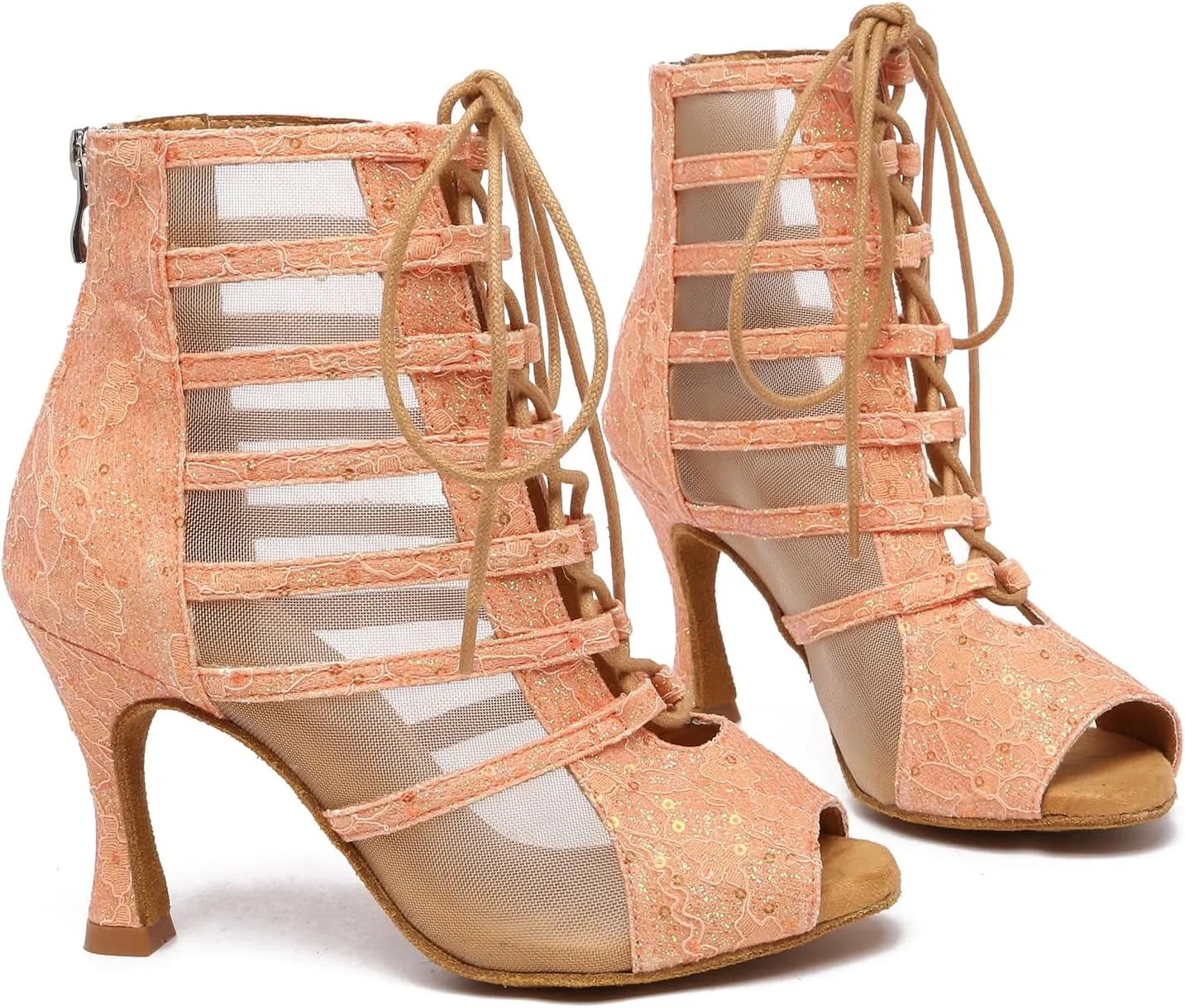 Women Dance Boots Open Toe High Heel Lace Up Dance Ankle Boots Latin Ballroom Dancing Boots,YC596-8.5CM Heel