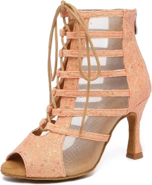 Women Dance Boots Open Toe High Heel Lace Up Dance Ankle Boots Latin Ballroom Dancing Boots,YC596-8.5CM Heel