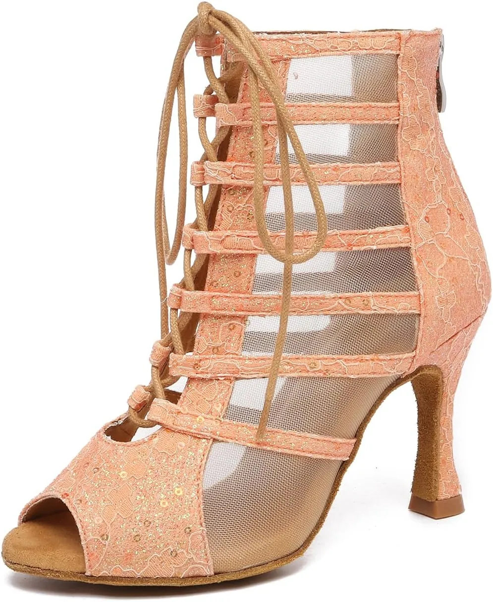 Women Dance Boots Open Toe High Heel Lace Up Dance Ankle Boots Latin Ballroom Dancing Boots,YC596-8.5CM Heel