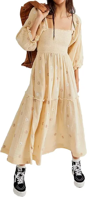 Women Floral Embroidered Maxi Dress Long Puff Sleeve Square Neck Bohemian Flowy Dress with Pockets Smocked Fall Dress