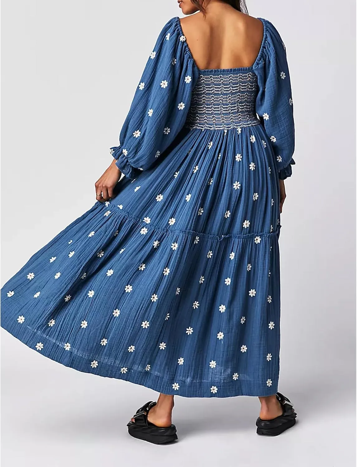 Women Floral Embroidered Maxi Dress Long Puff Sleeve Square Neck Bohemian Flowy Dress with Pockets Smocked Fall Dress