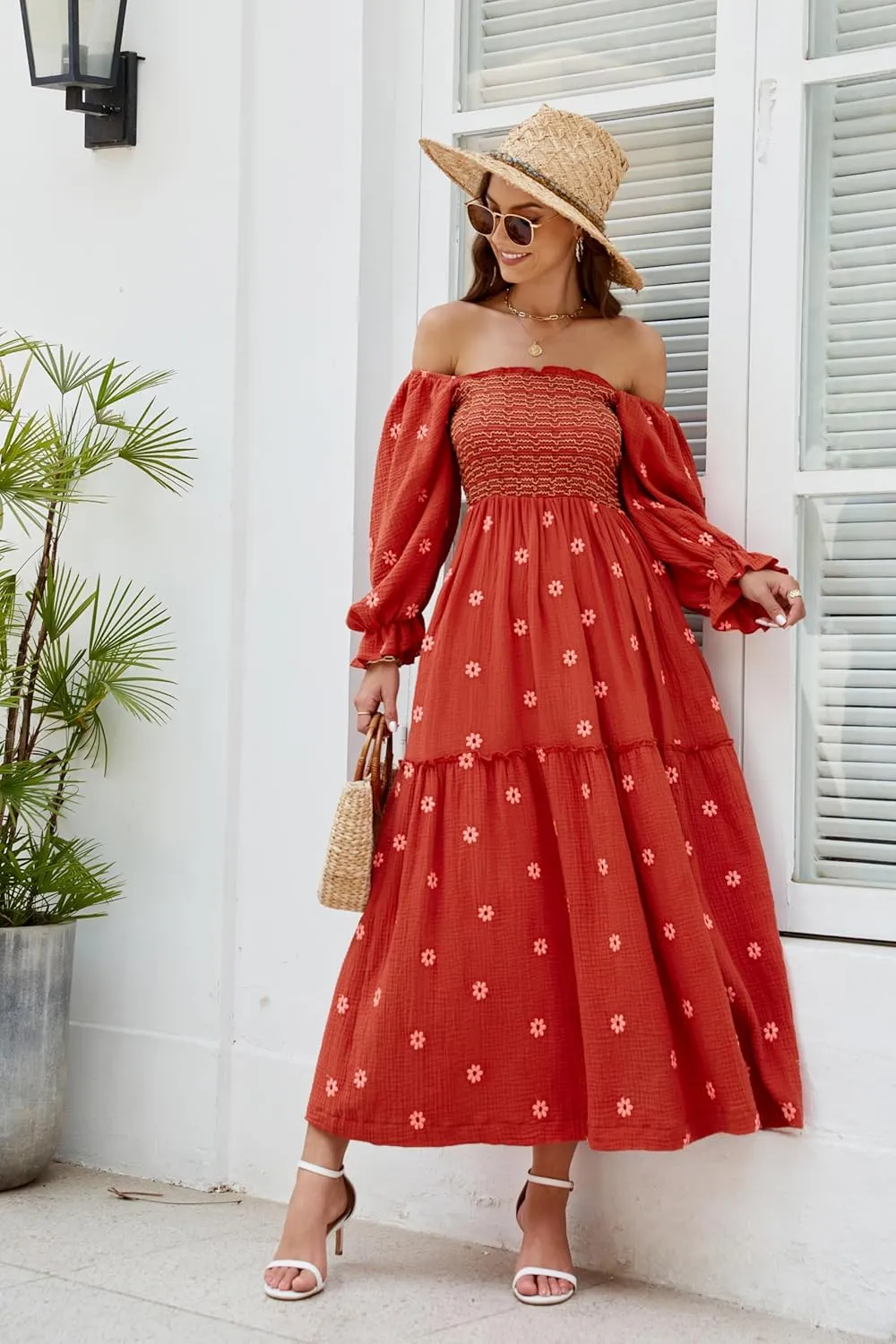 Women Floral Embroidered Maxi Dress Long Puff Sleeve Square Neck Bohemian Flowy Dress with Pockets Smocked Fall Dress