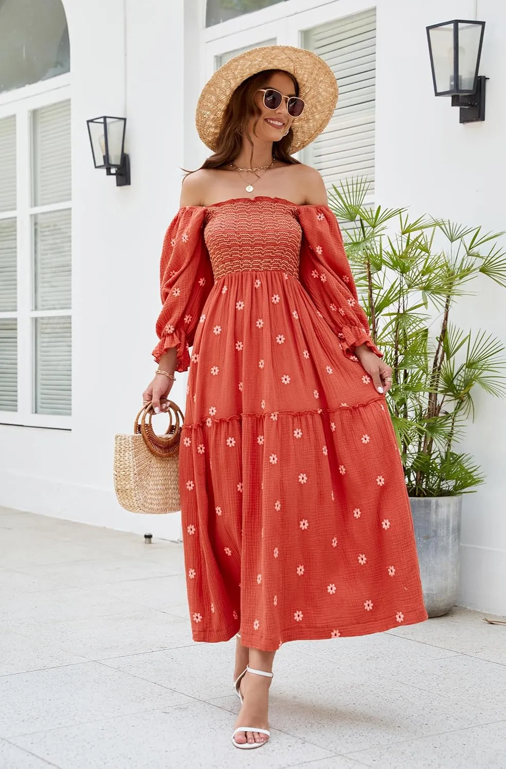 Women Floral Embroidered Maxi Dress Long Puff Sleeve Square Neck Bohemian Flowy Dress with Pockets Smocked Fall Dress