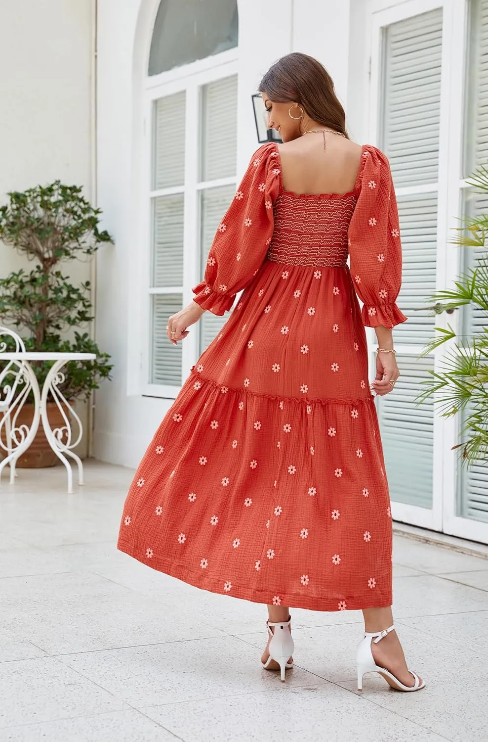 Women Floral Embroidered Maxi Dress Long Puff Sleeve Square Neck Bohemian Flowy Dress with Pockets Smocked Fall Dress