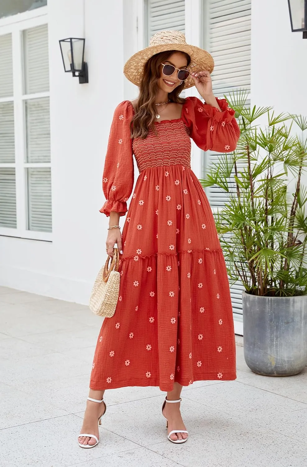Women Floral Embroidered Maxi Dress Long Puff Sleeve Square Neck Bohemian Flowy Dress with Pockets Smocked Fall Dress