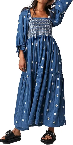 Women Floral Embroidered Maxi Dress Long Puff Sleeve Square Neck Bohemian Flowy Dress with Pockets Smocked Fall Dress