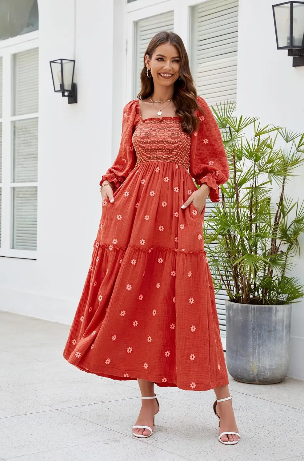 Women Floral Embroidered Maxi Dress Long Puff Sleeve Square Neck Bohemian Flowy Dress with Pockets Smocked Fall Dress