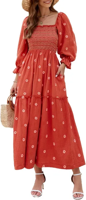Women Floral Embroidered Maxi Dress Long Puff Sleeve Square Neck Bohemian Flowy Dress with Pockets Smocked Fall Dress