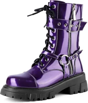 Women Harness Motorcycle Biker Boots Steampunk Combat Boots Chunky Mid Calf Goth Boots Lug Sole Lace up Side Zipper