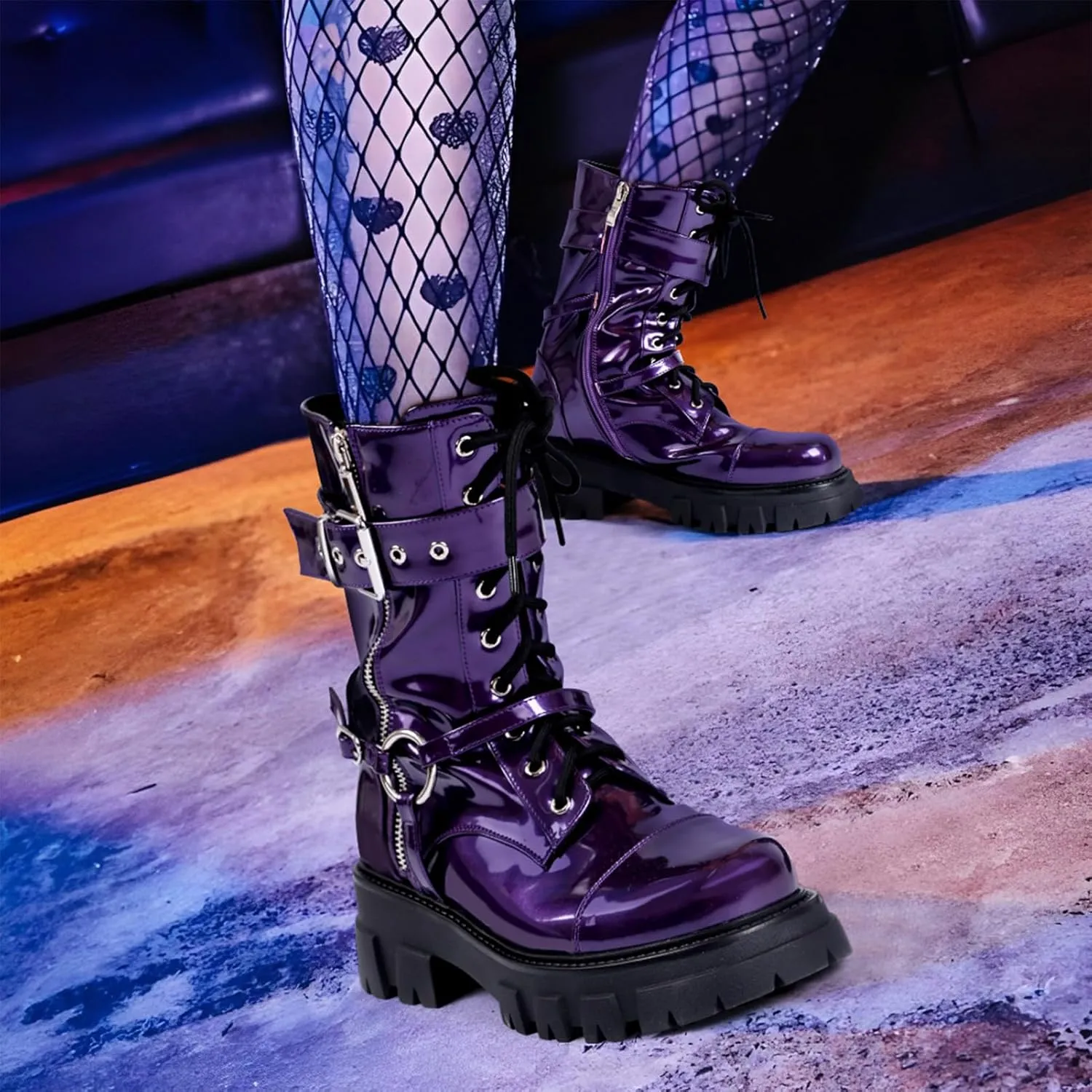 Women Harness Motorcycle Biker Boots Steampunk Combat Boots Chunky Mid Calf Goth Boots Lug Sole Lace up Side Zipper