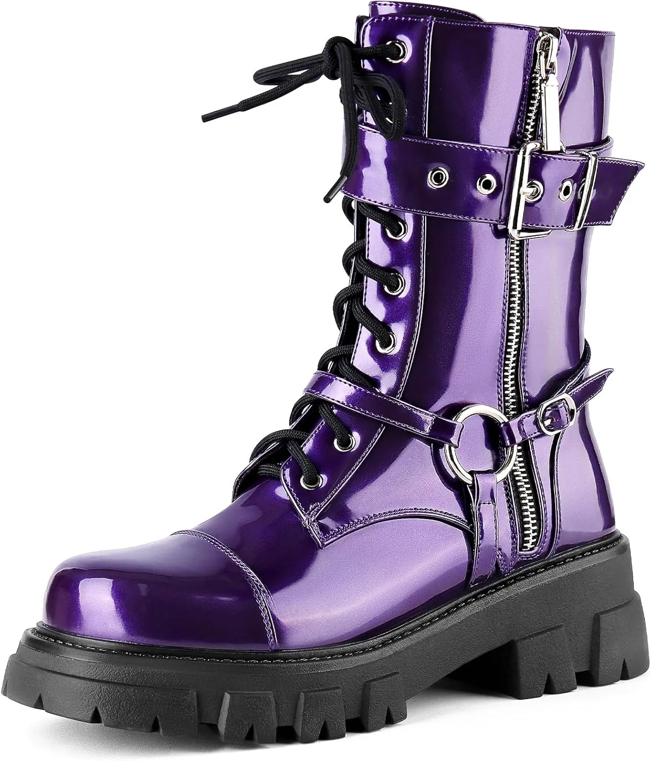 Women Harness Motorcycle Biker Boots Steampunk Combat Boots Chunky Mid Calf Goth Boots Lug Sole Lace up Side Zipper