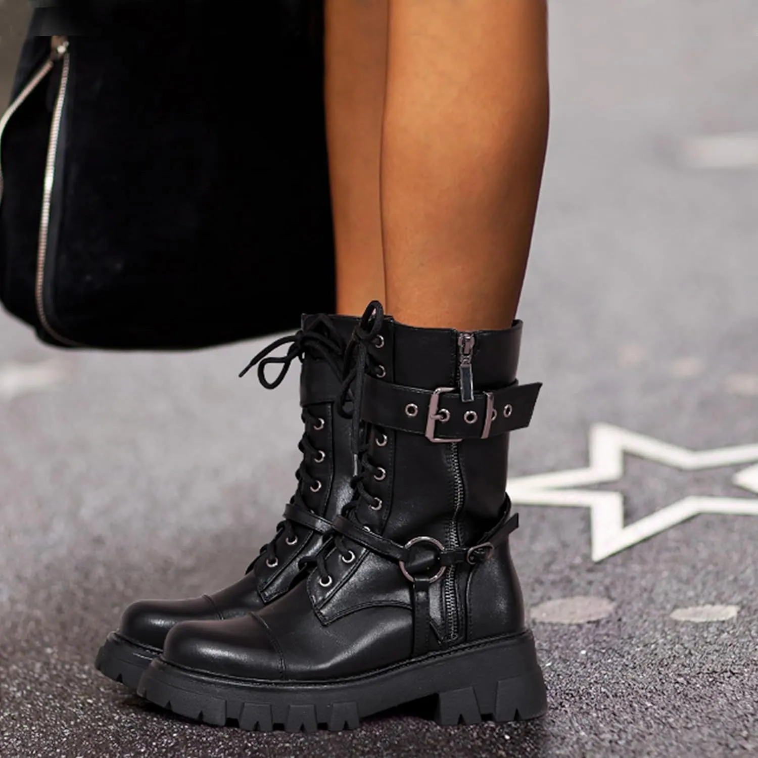 Women Harness Motorcycle Biker Boots Steampunk Combat Boots Chunky Mid Calf Goth Boots Lug Sole Lace up Side Zipper