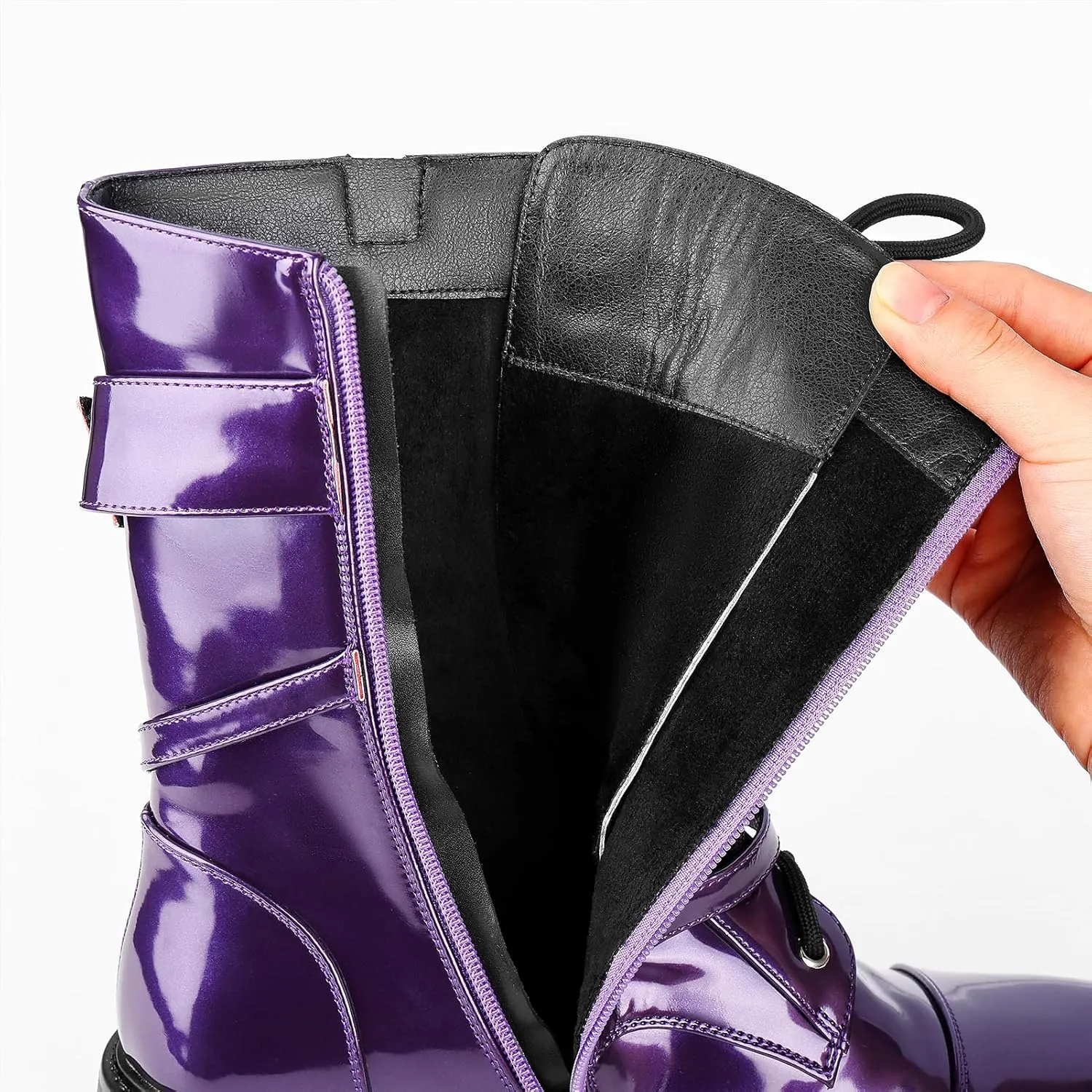 Women Harness Motorcycle Biker Boots Steampunk Combat Boots Chunky Mid Calf Goth Boots Lug Sole Lace up Side Zipper
