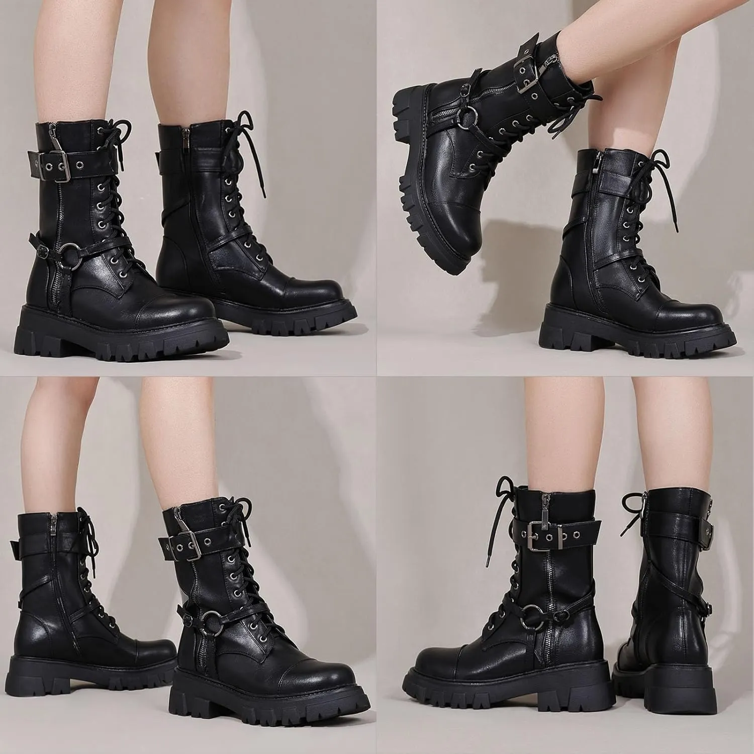 Women Harness Motorcycle Biker Boots Steampunk Combat Boots Chunky Mid Calf Goth Boots Lug Sole Lace up Side Zipper