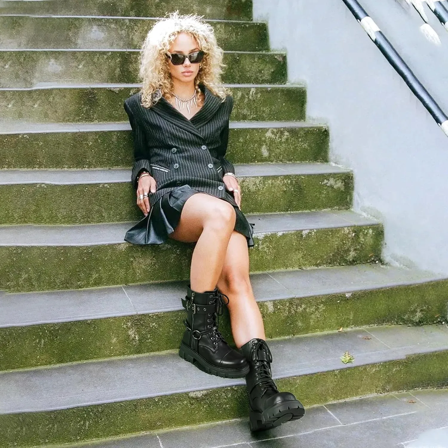 Women Harness Motorcycle Biker Boots Steampunk Combat Boots Chunky Mid Calf Goth Boots Lug Sole Lace up Side Zipper