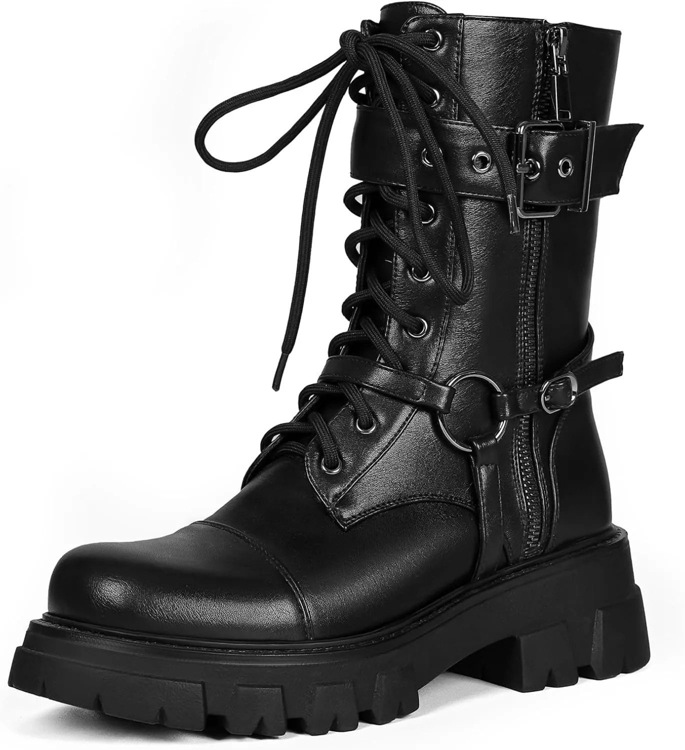 Women Harness Motorcycle Biker Boots Steampunk Combat Boots Chunky Mid Calf Goth Boots Lug Sole Lace up Side Zipper