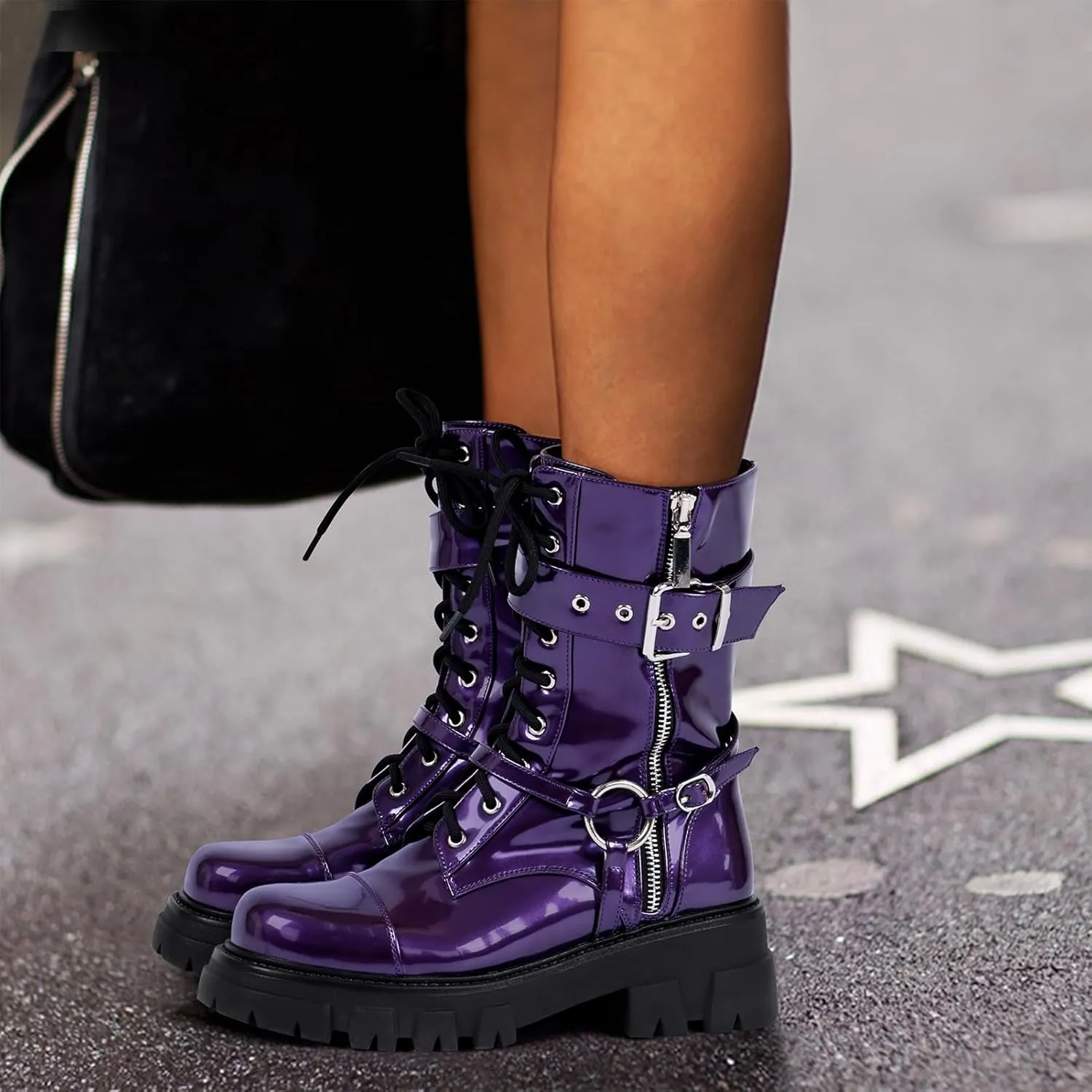 Women Harness Motorcycle Biker Boots Steampunk Combat Boots Chunky Mid Calf Goth Boots Lug Sole Lace up Side Zipper