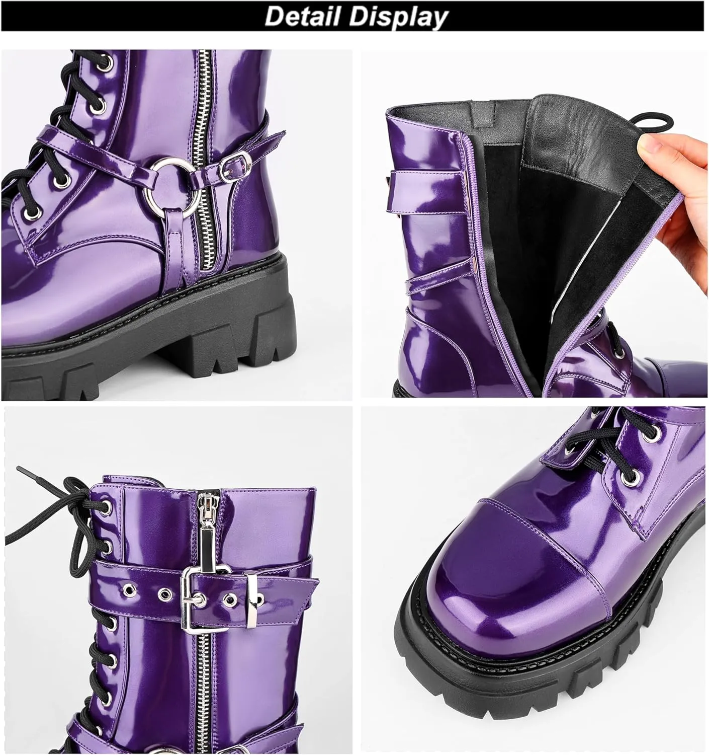 Women Harness Motorcycle Biker Boots Steampunk Combat Boots Chunky Mid Calf Goth Boots Lug Sole Lace up Side Zipper