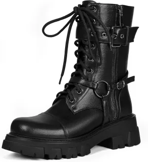 Women Harness Motorcycle Biker Boots Steampunk Combat Boots Chunky Mid Calf Goth Boots Lug Sole Lace up Side Zipper