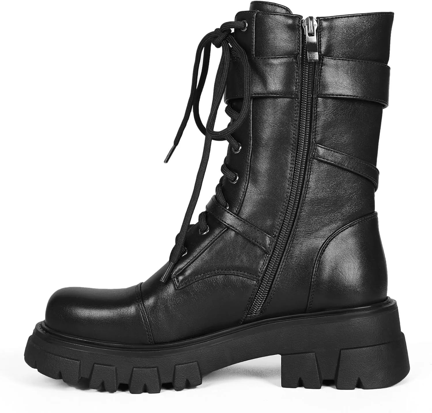 Women Harness Motorcycle Biker Boots Steampunk Combat Boots Chunky Mid Calf Goth Boots Lug Sole Lace up Side Zipper
