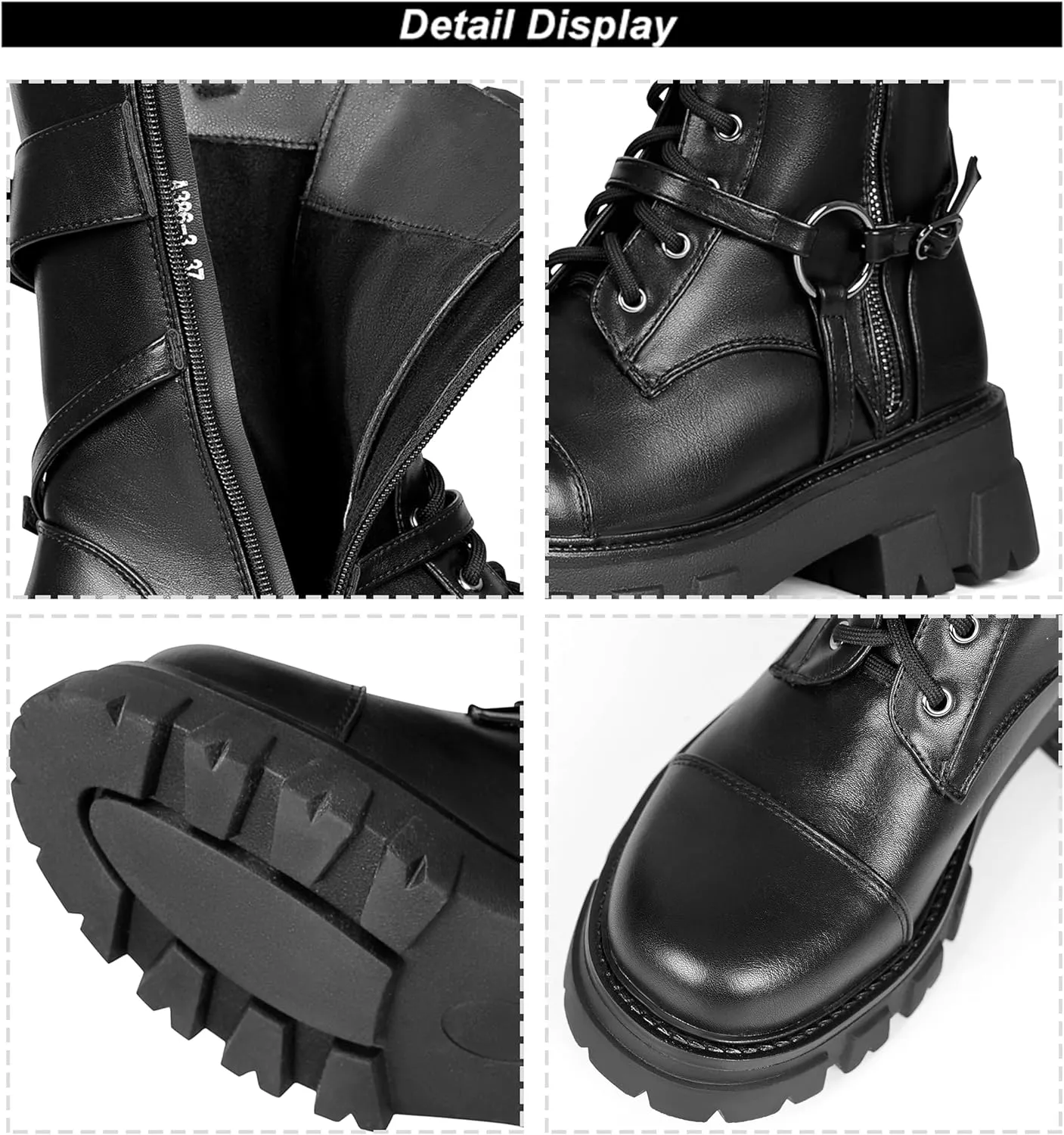Women Harness Motorcycle Biker Boots Steampunk Combat Boots Chunky Mid Calf Goth Boots Lug Sole Lace up Side Zipper