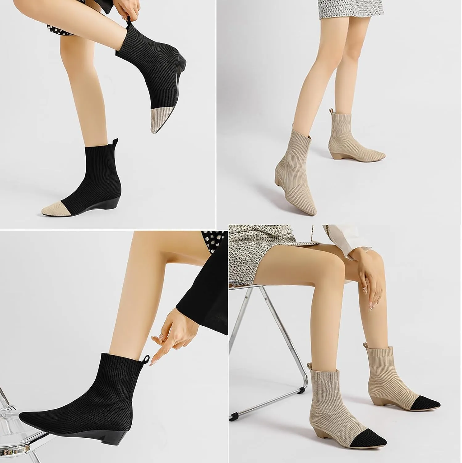 Women Knitted Elastic Chunky Low Heel Chelsea Dress Boot Sock Pointed Toe High Top Ankle Dress Boot