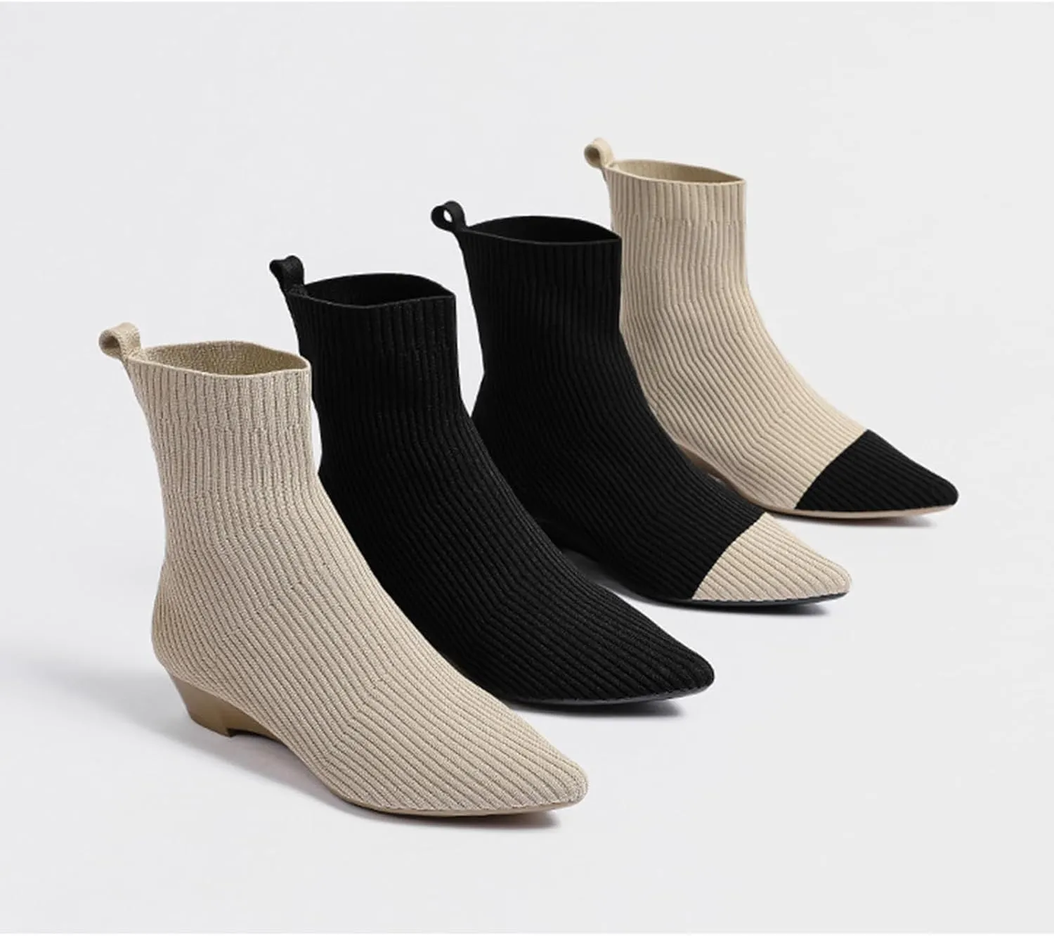 Women Knitted Elastic Chunky Low Heel Chelsea Dress Boot Sock Pointed Toe High Top Ankle Dress Boot