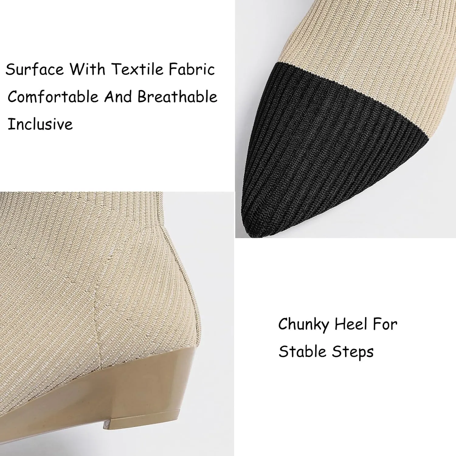 Women Knitted Elastic Chunky Low Heel Chelsea Dress Boot Sock Pointed Toe High Top Ankle Dress Boot