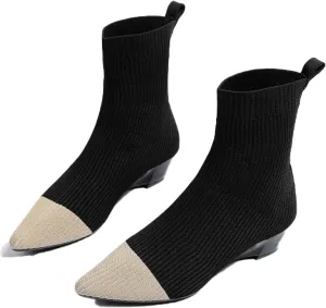 Women Knitted Elastic Chunky Low Heel Chelsea Dress Boot Sock Pointed Toe High Top Ankle Dress Boot
