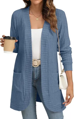 Women Long Sleeve Open Front Cardigan Casual Lightweight Long Cardigans Loose Knit Outwear with Pockets