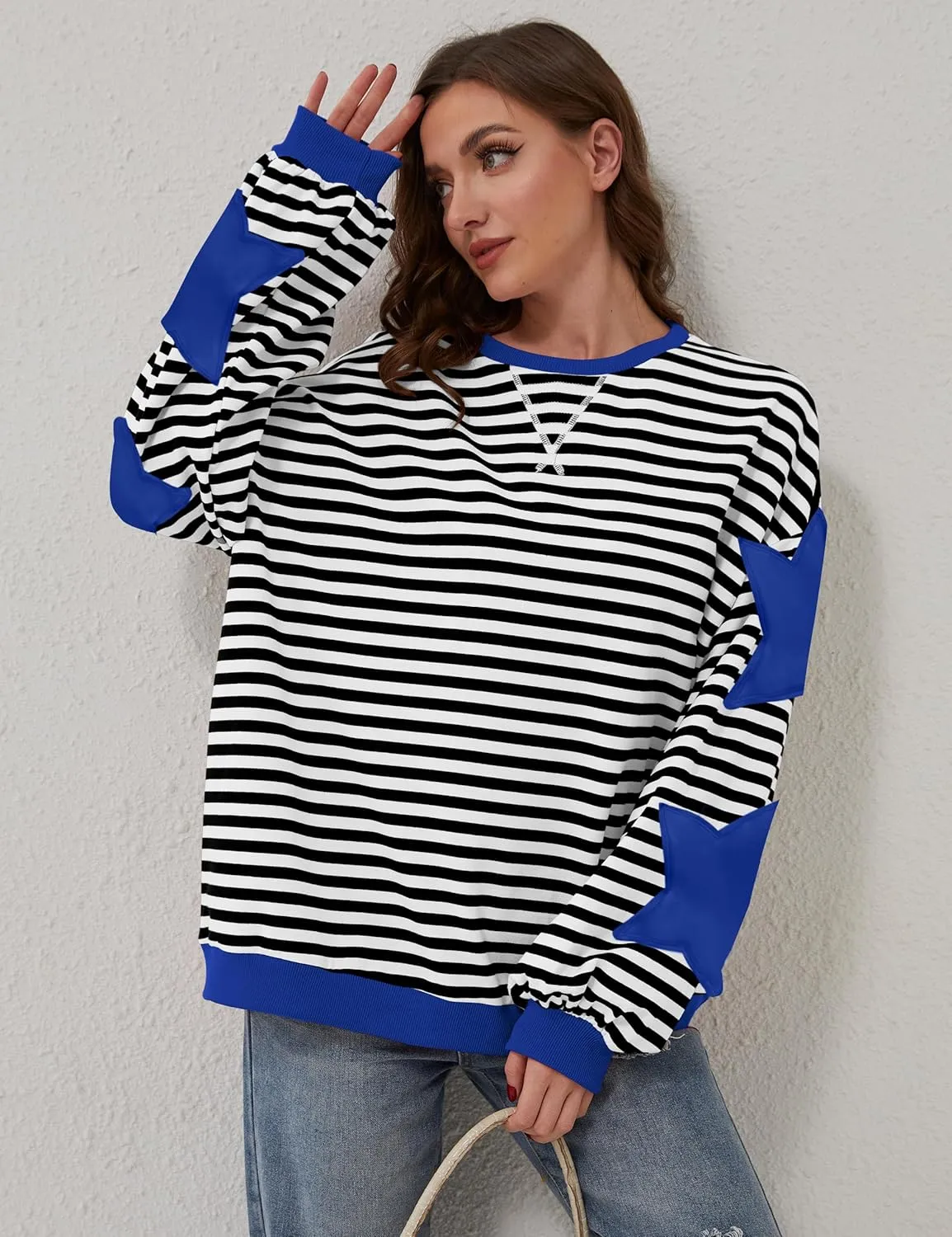Women Oversized Striped Color Block Long Sleeve Crew Neck Sweatshirt Casual Loose Pullover Y2K Shirt Top
