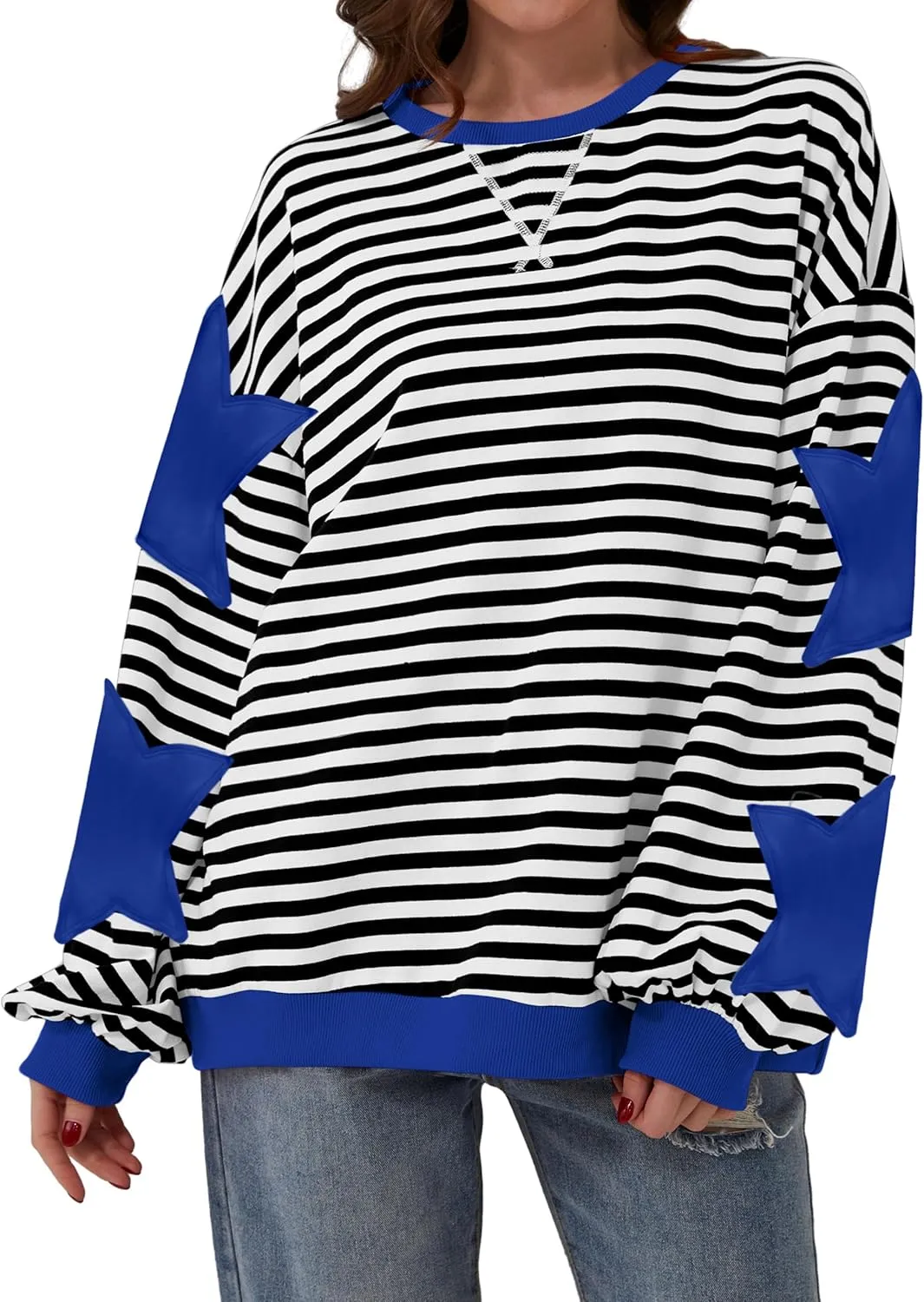 Women Oversized Striped Color Block Long Sleeve Crew Neck Sweatshirt Casual Loose Pullover Y2K Shirt Top