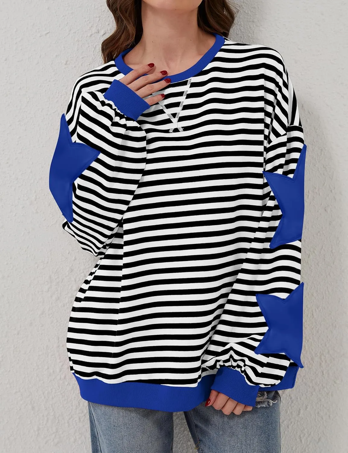 Women Oversized Striped Color Block Long Sleeve Crew Neck Sweatshirt Casual Loose Pullover Y2K Shirt Top