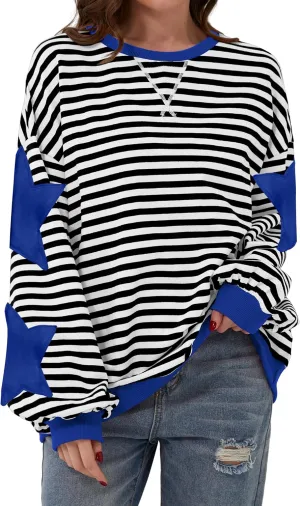 Women Oversized Striped Color Block Long Sleeve Crew Neck Sweatshirt Casual Loose Pullover Y2K Shirt Top