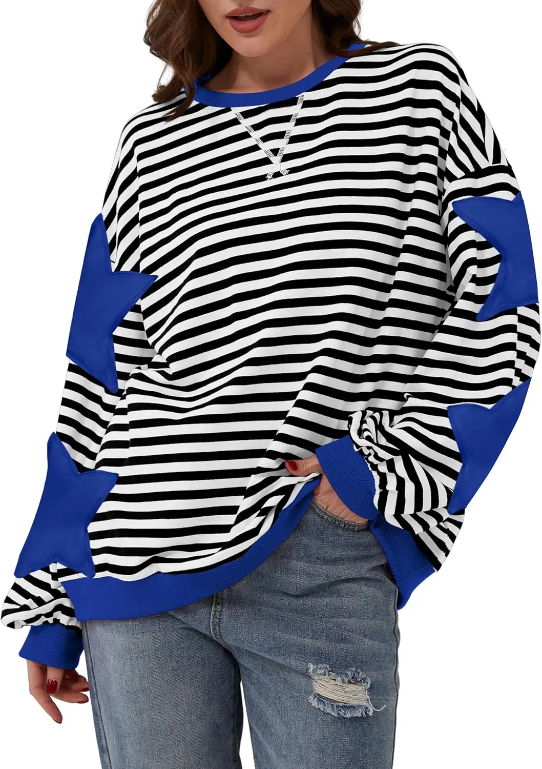 Women Oversized Striped Color Block Long Sleeve Crew Neck Sweatshirt Casual Loose Pullover Y2K Shirt Top