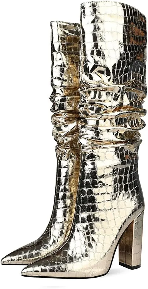 Women Patent Slouchy Block Heel Boots Shiny Sequins Knee High Chunky Heel Boot Mid Calf Dress Shoes