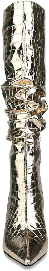 Women Patent Slouchy Block Heel Boots Shiny Sequins Knee High Chunky Heel Boot Mid Calf Dress Shoes