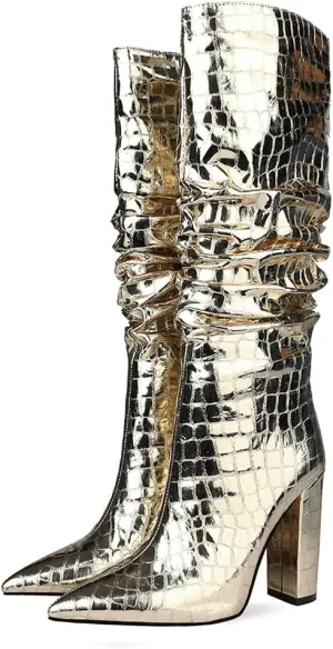 Women Patent Slouchy Block Heel Boots Shiny Sequins Knee High Chunky Heel Boot Mid Calf Dress Shoes