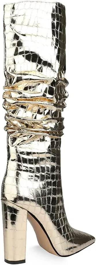 Women Patent Slouchy Block Heel Boots Shiny Sequins Knee High Chunky Heel Boot Mid Calf Dress Shoes