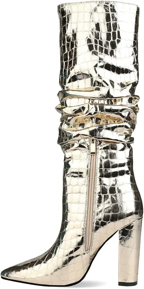 Women Patent Slouchy Block Heel Boots Shiny Sequins Knee High Chunky Heel Boot Mid Calf Dress Shoes