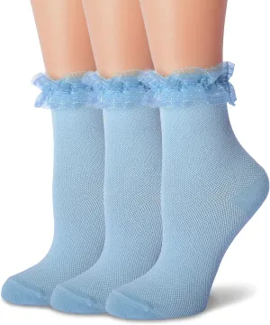 Women Ruffle Socks, Lace Lolita Kawaii Girls Cute Frilly Socks 3 Pairs