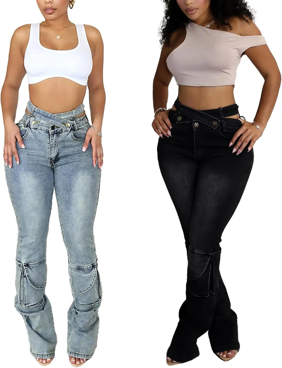 Women Sexy Skinny Stacked Jeans Butt Lifting Crossover High Waisted Stretch Cargo Jeans Y2k
