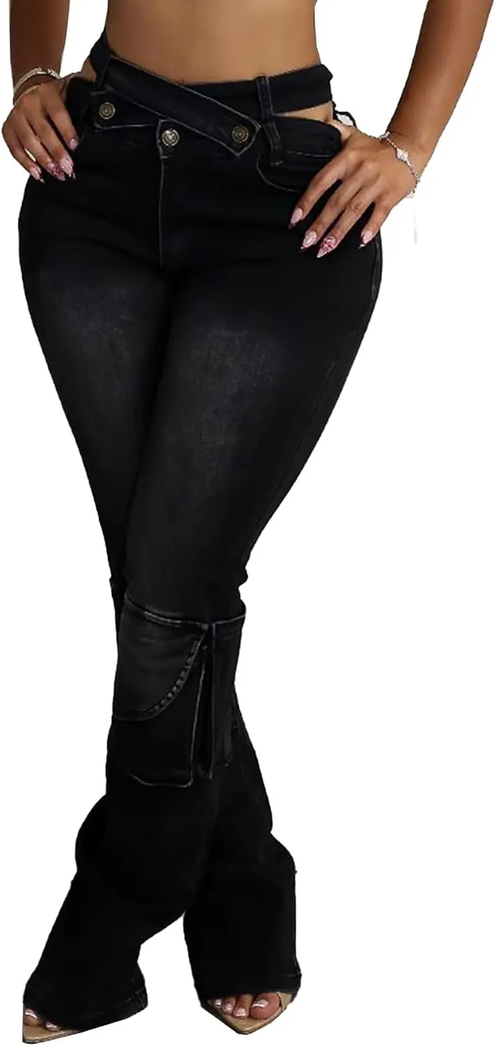 Women Sexy Skinny Stacked Jeans Butt Lifting Crossover High Waisted Stretch Cargo Jeans Y2k