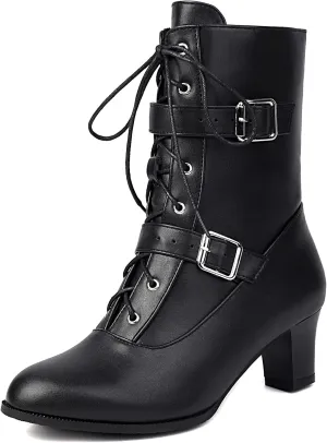 Women Short Ankle Boots Lace Up Bukle Boots Side Zipper Victorian Booties Kitten Heel