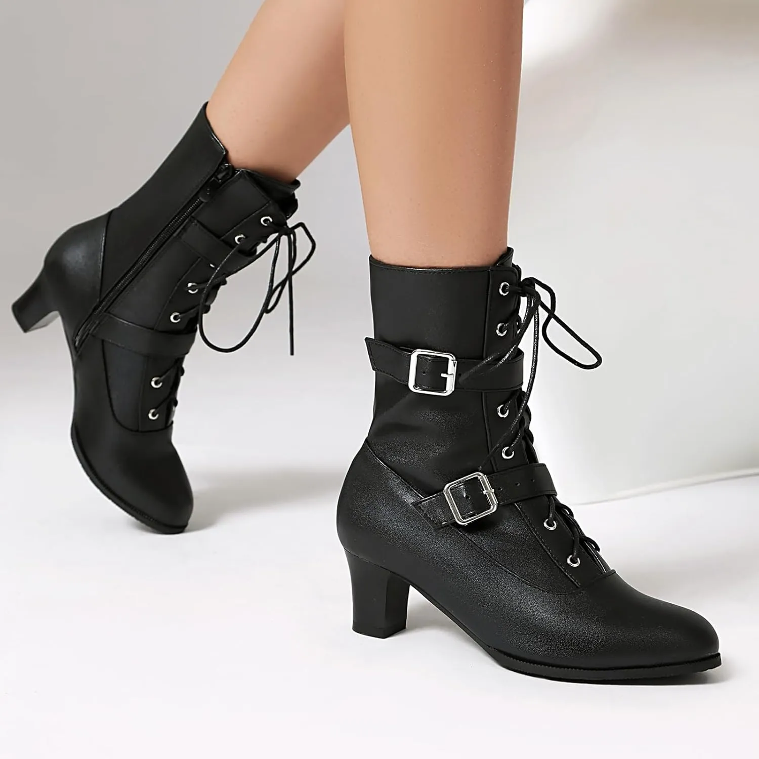 Women Short Ankle Boots Lace Up Bukle Boots Side Zipper Victorian Booties Kitten Heel